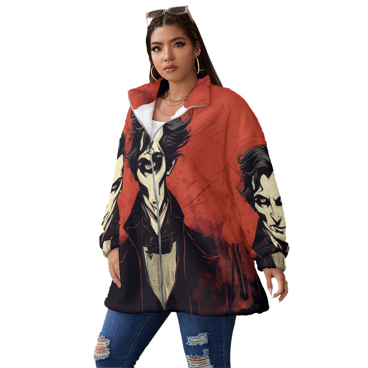 All-Over Print Unisex Borg Fleece Stand-up Collar Coat With Zipper Closure(Plus Size)