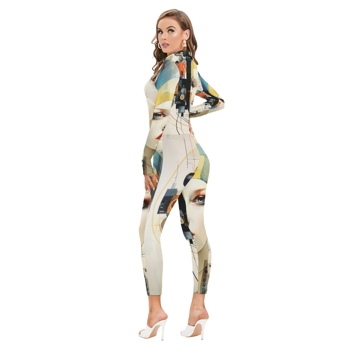 All-Over Print Women's Long-sleeved High-neck Jumpsuit With Zipper
