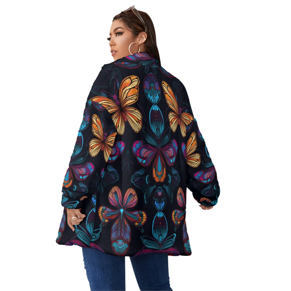 All-Over Print Unisex Borg Fleece Stand-up Collar Coat With Zipper Closure(Plus Size)