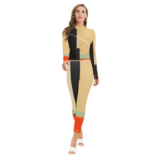 All-Over Print Women's Long-sleeved High-neck Jumpsuit With Zipper
