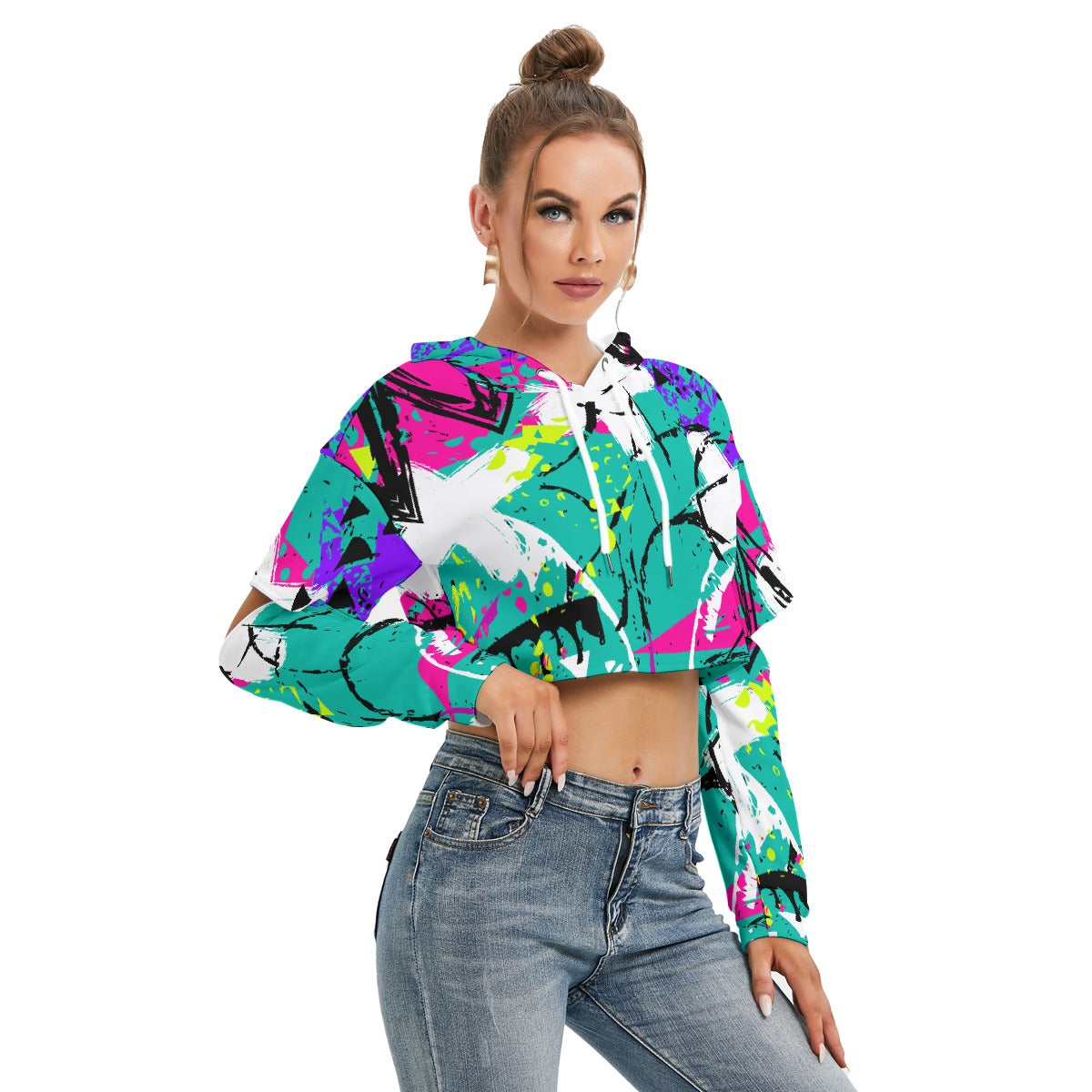 All-Over Print Women's Heavy Fleece Hoodie With Hollow Out Sleeve