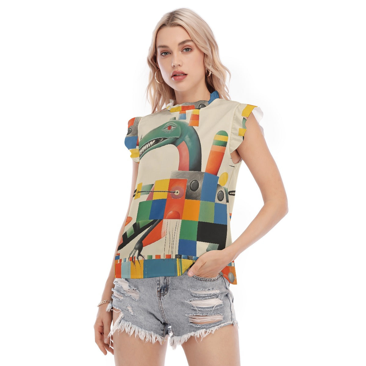 All-Over Print Women's Blouse With Ruffle Collar And Sleeve