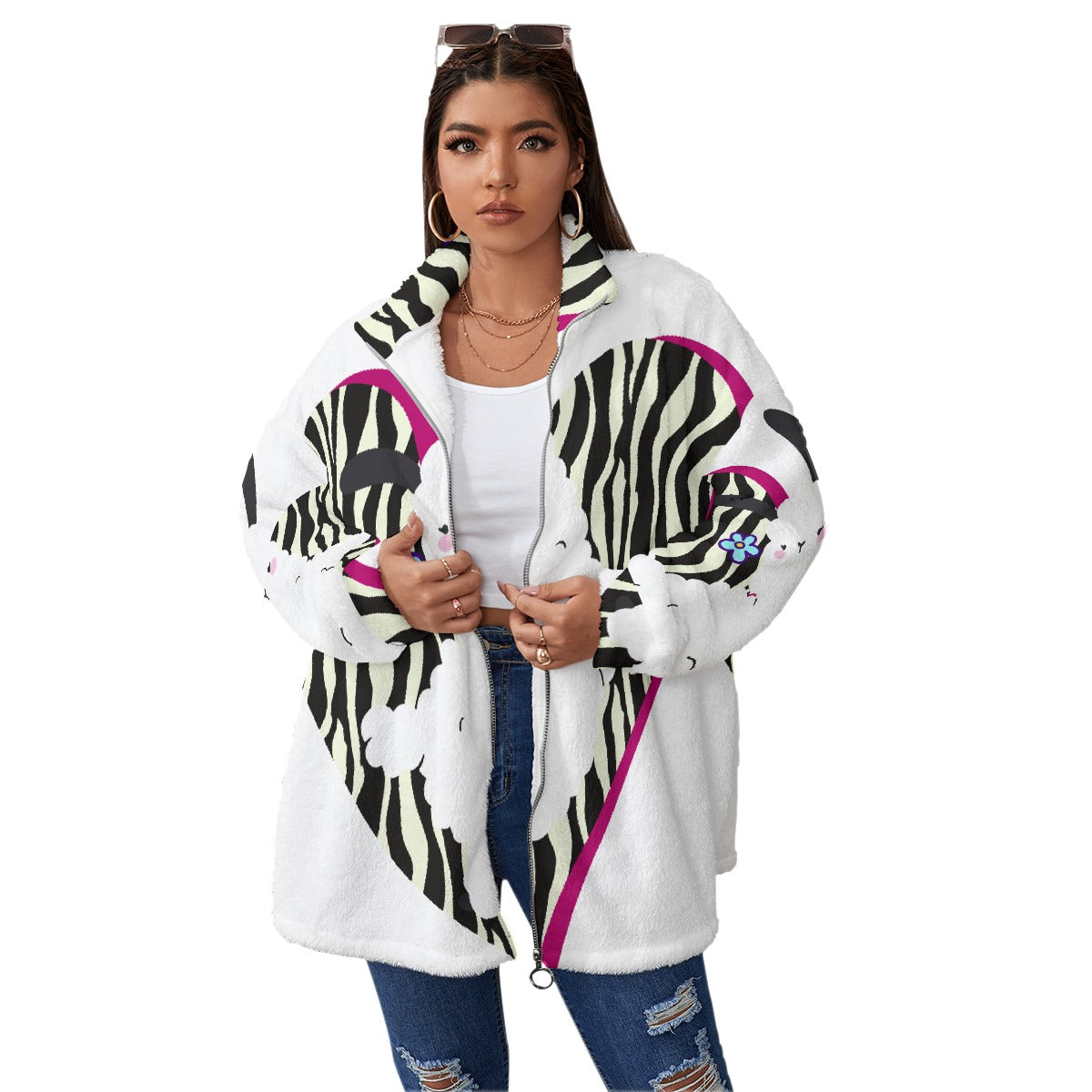 All-Over Print Unisex Borg Fleece Stand-up Collar Coat With Zipper Closure(Plus Size)