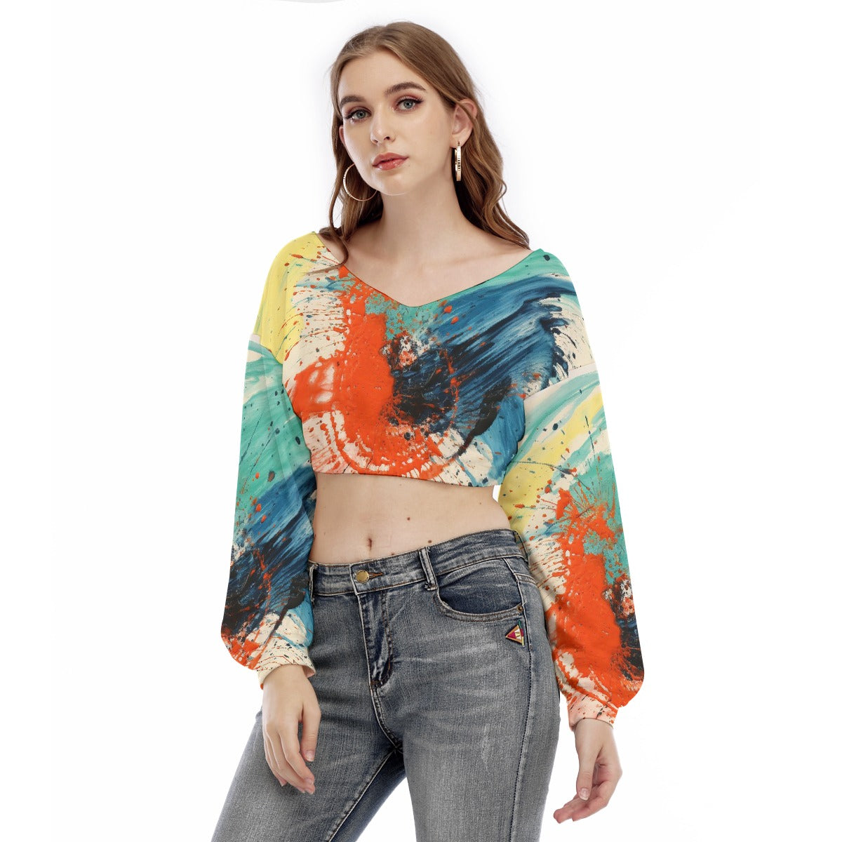 All-Over Print Women's V-neck Long Sleeve Cropped Sweatshirt