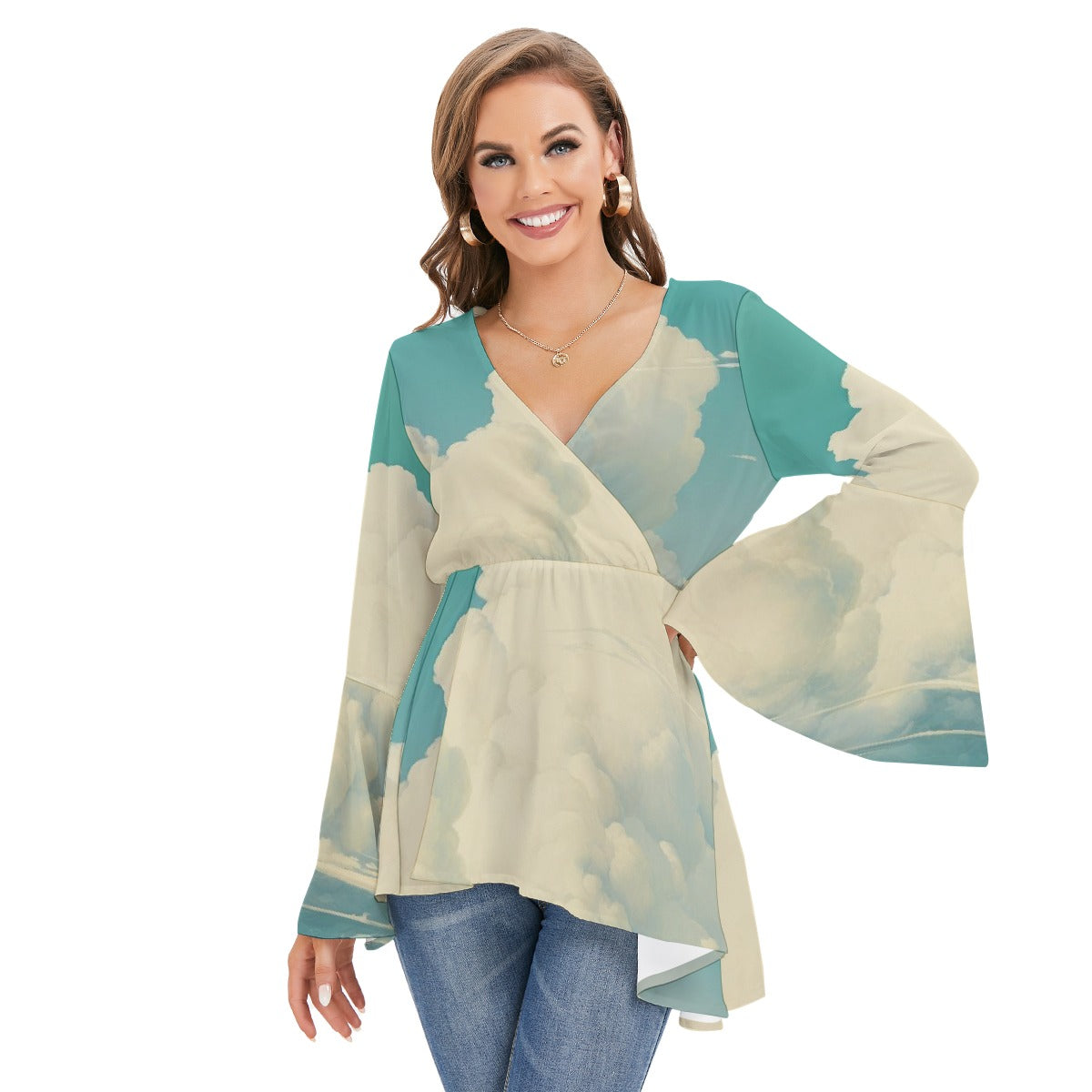 All-Over Print Women's V-neck Blouse With Flared Sleeves