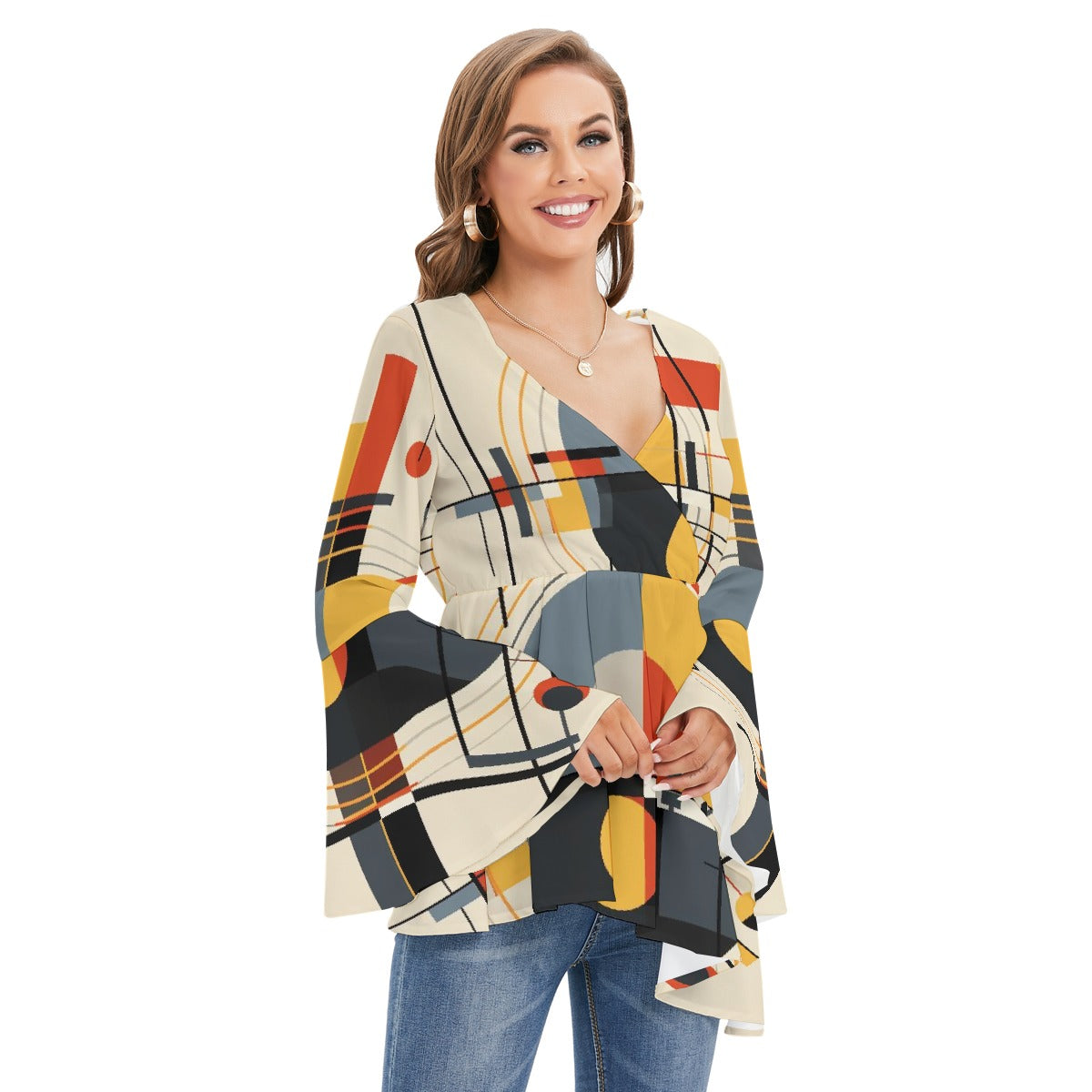 All-Over Print Women's V-neck Blouse With Flared Sleeves