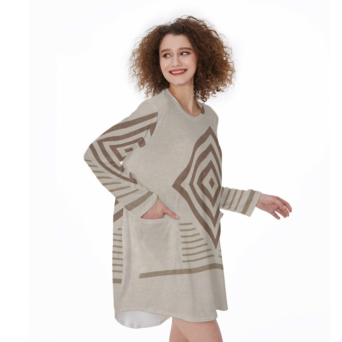 All-Over Print Women's Casual Loose Long Sleeve Dress With Pocket