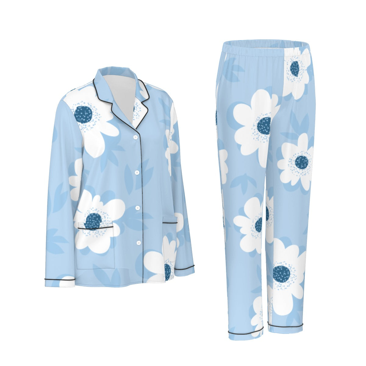 All-Over Print Women's Long Sleeve Pajama Set With Black Contrast Piping