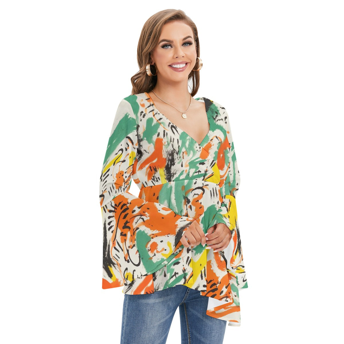 All-Over Print Women's V-neck Blouse With Flared Sleeves