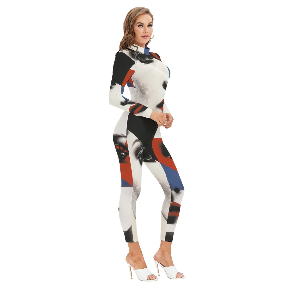 All-Over Print Women's Long-sleeved High-neck Jumpsuit With Zipper