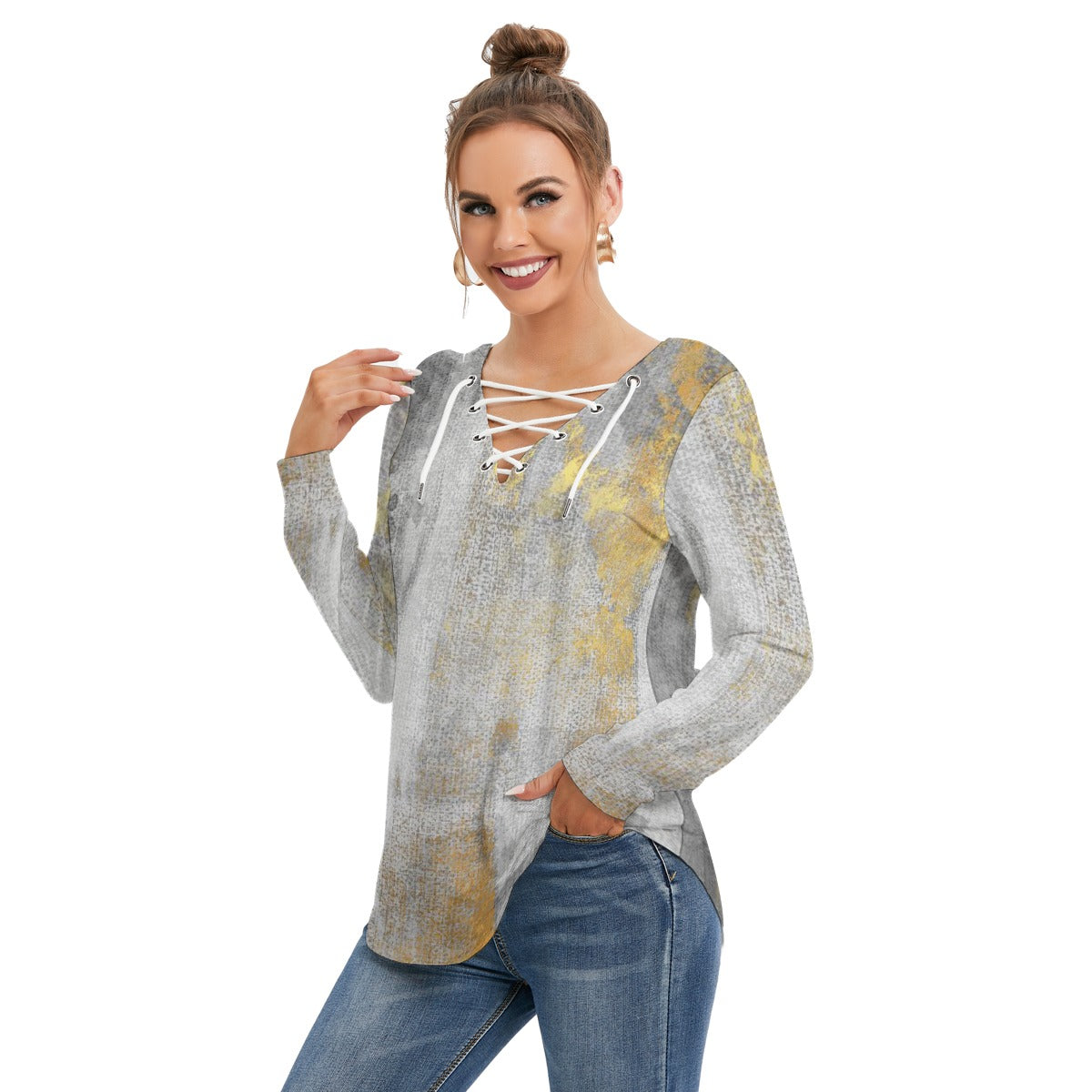 All-Over Print Women's Long Sleeve Neckline Tie Sweatshirt