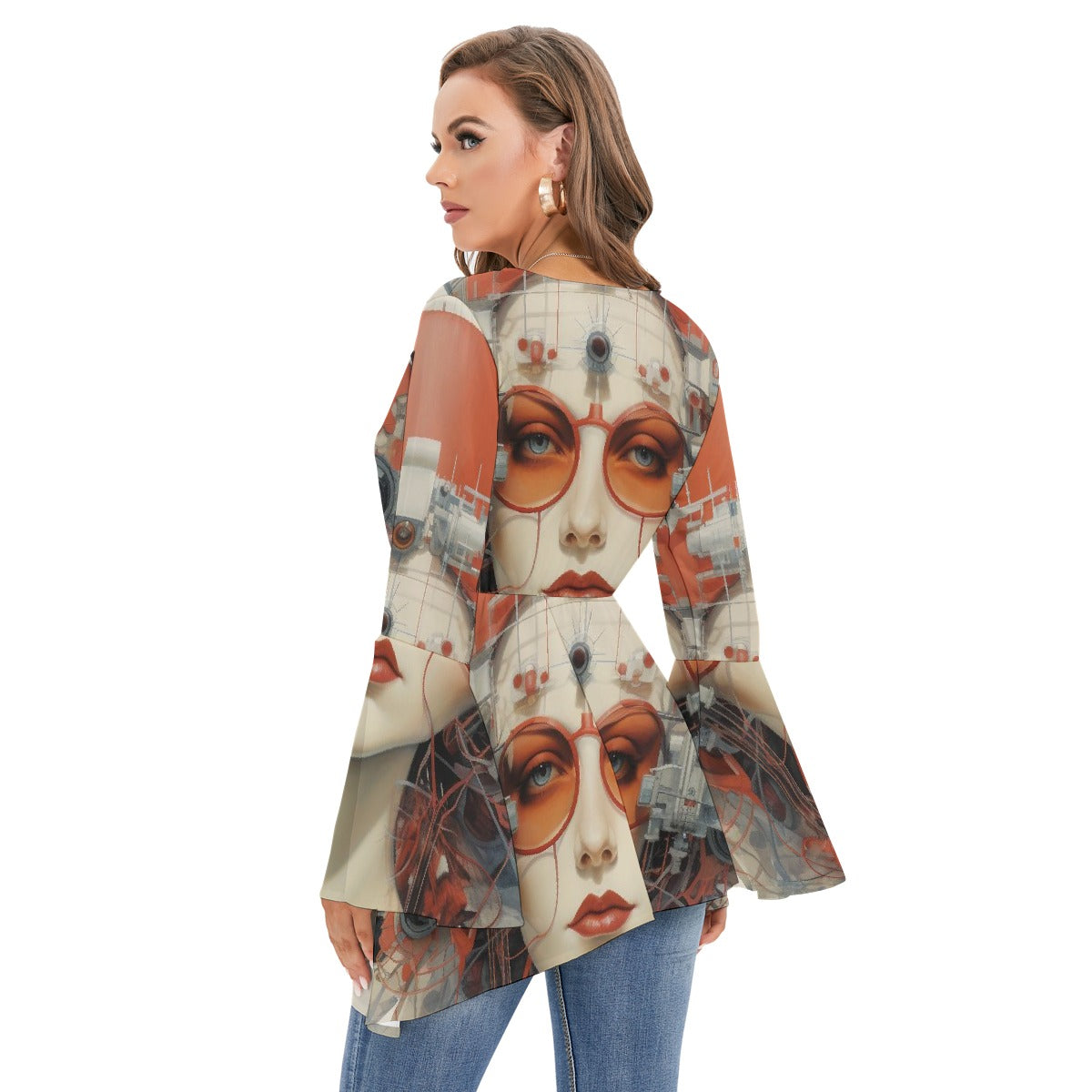 All-Over Print Women's V-neck Blouse With Flared Sleeves
