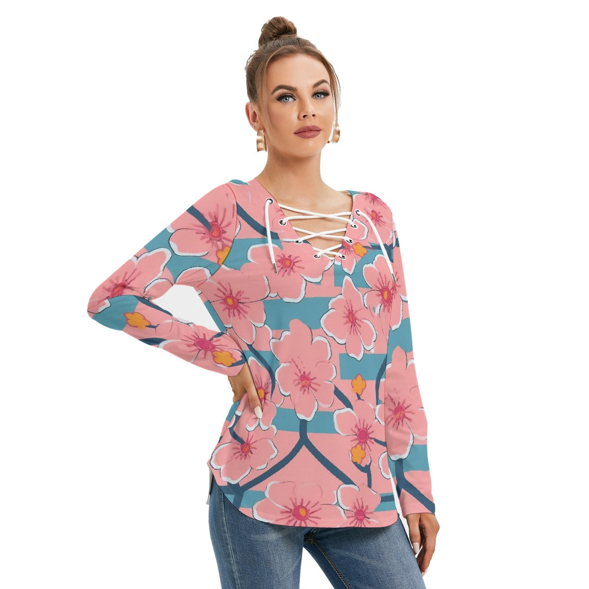 All-Over Print Women's Long Sleeve Neckline Tie Sweatshirt