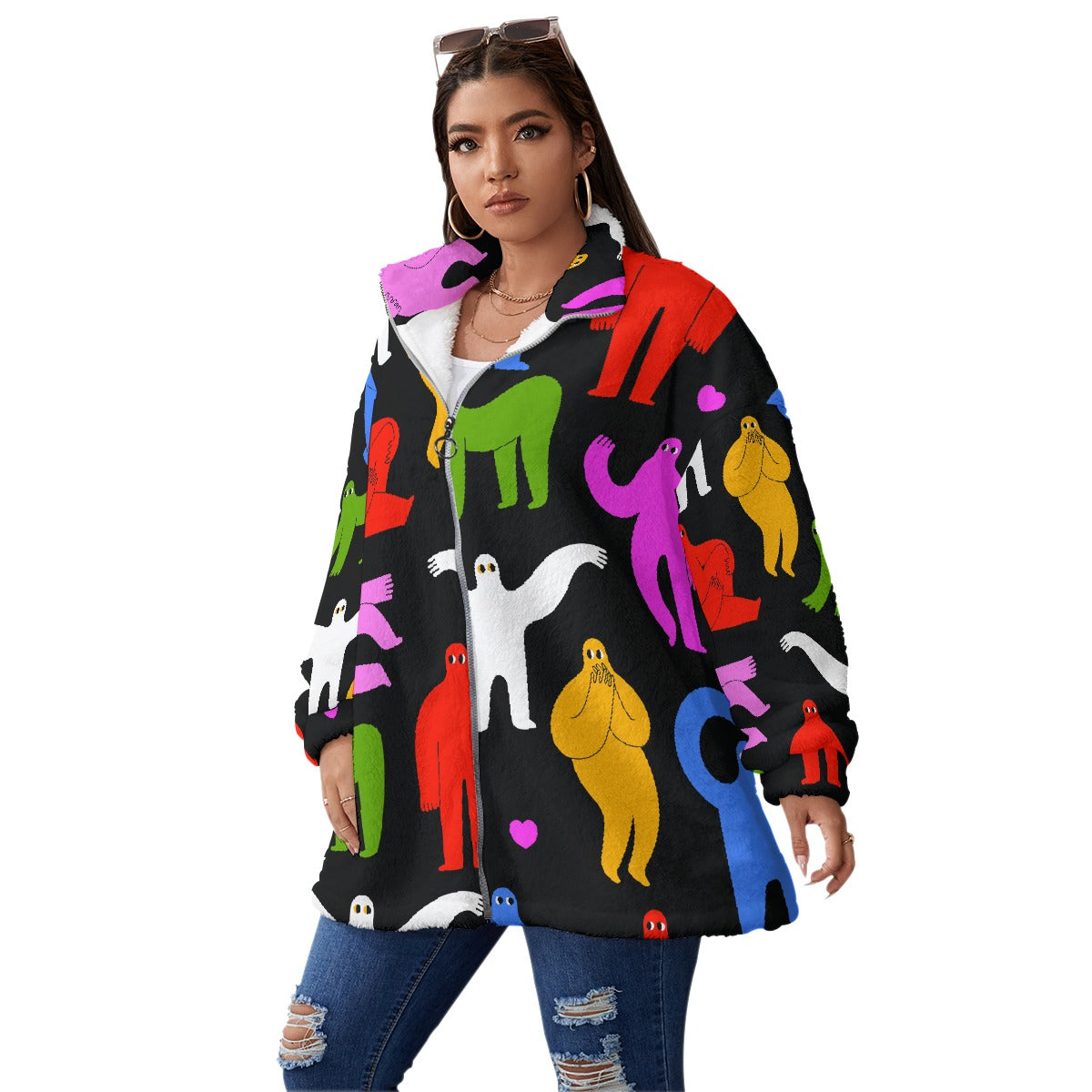 All-Over Print Unisex Borg Fleece Stand-up Collar Coat With Zipper Closure(Plus Size)
