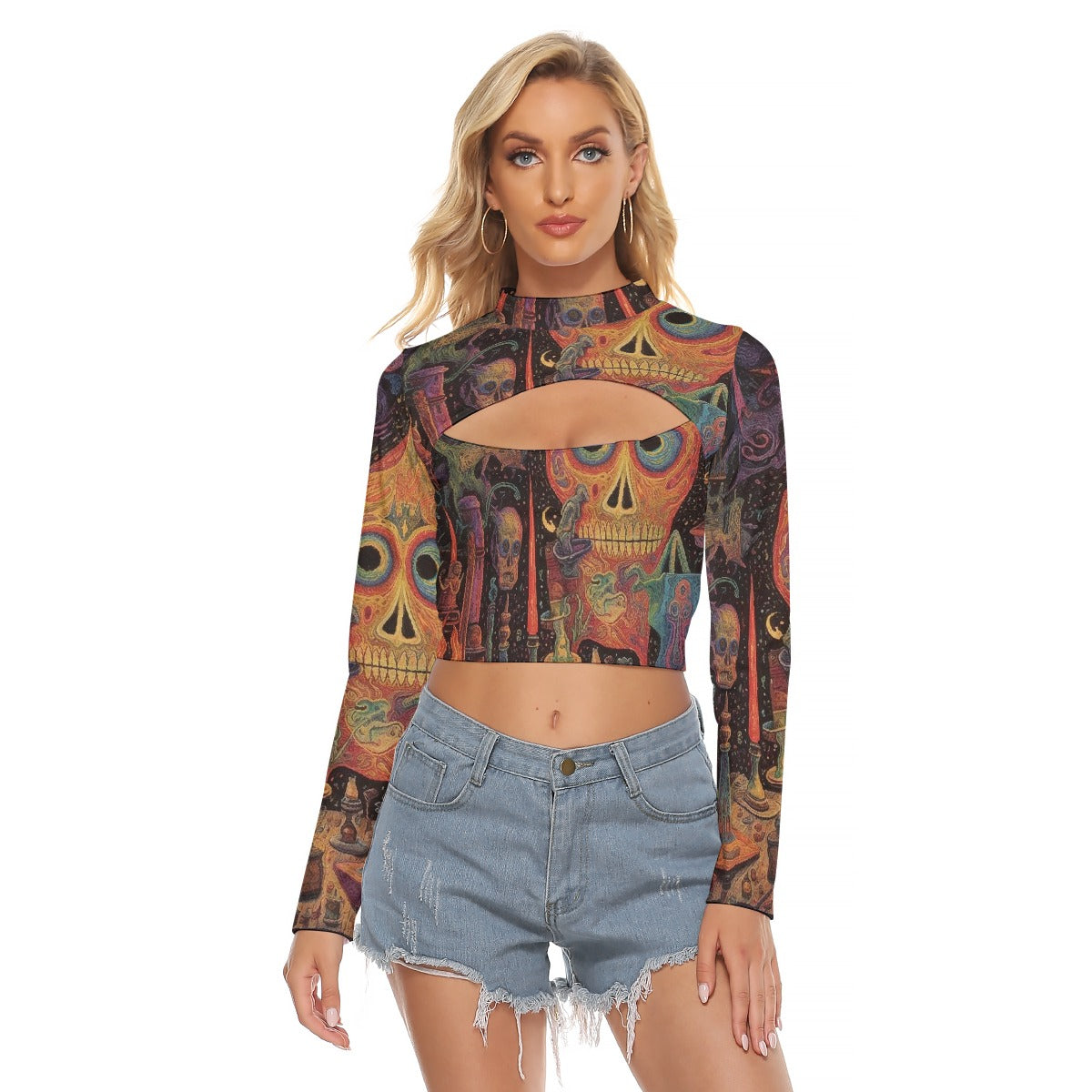 All-Over Print Women's Hollow Chest Keyhole Tight Crop Top