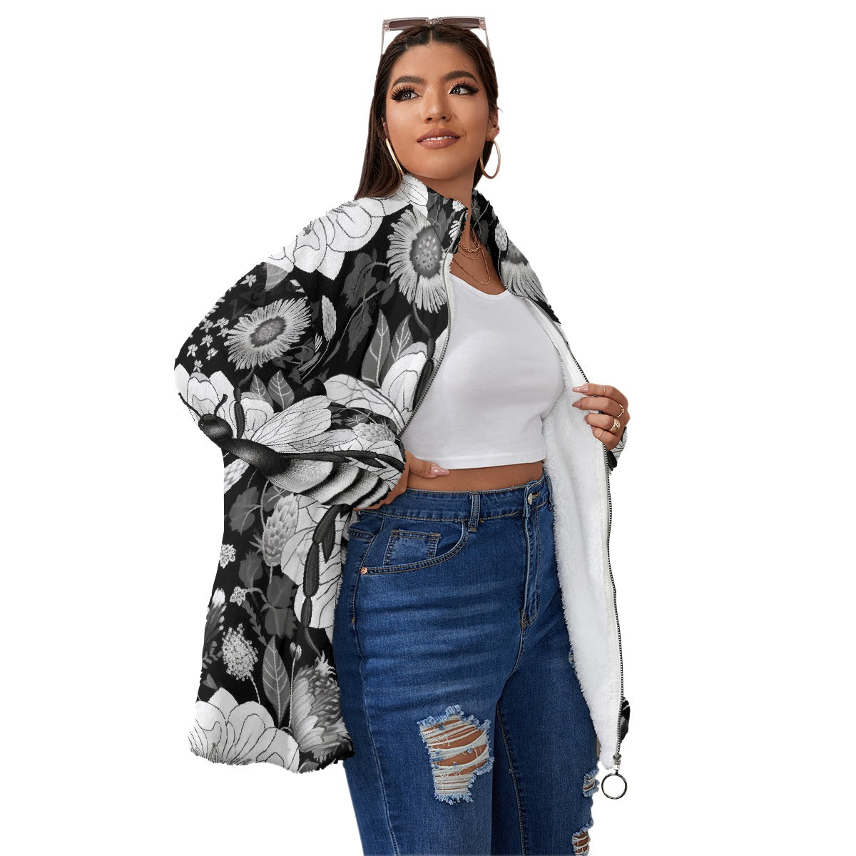 All-Over Print Unisex Borg Fleece Stand-up Collar Coat With Zipper Closure(Plus Size)