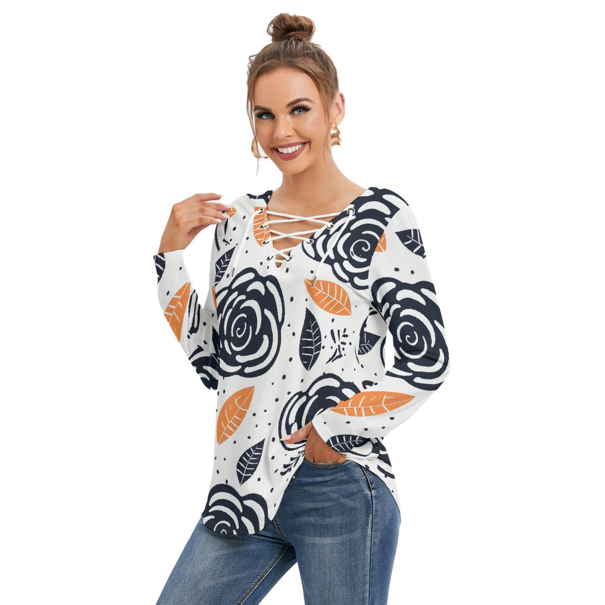 All-Over Print Women's Long Sleeve Neckline Tie Sweatshirt