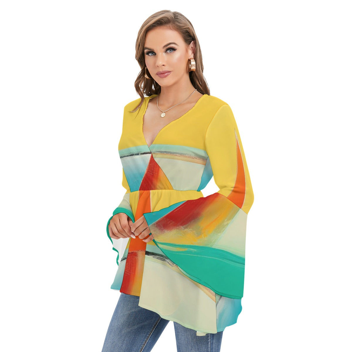 All-Over Print Women's V-neck Blouse With Flared Sleeves