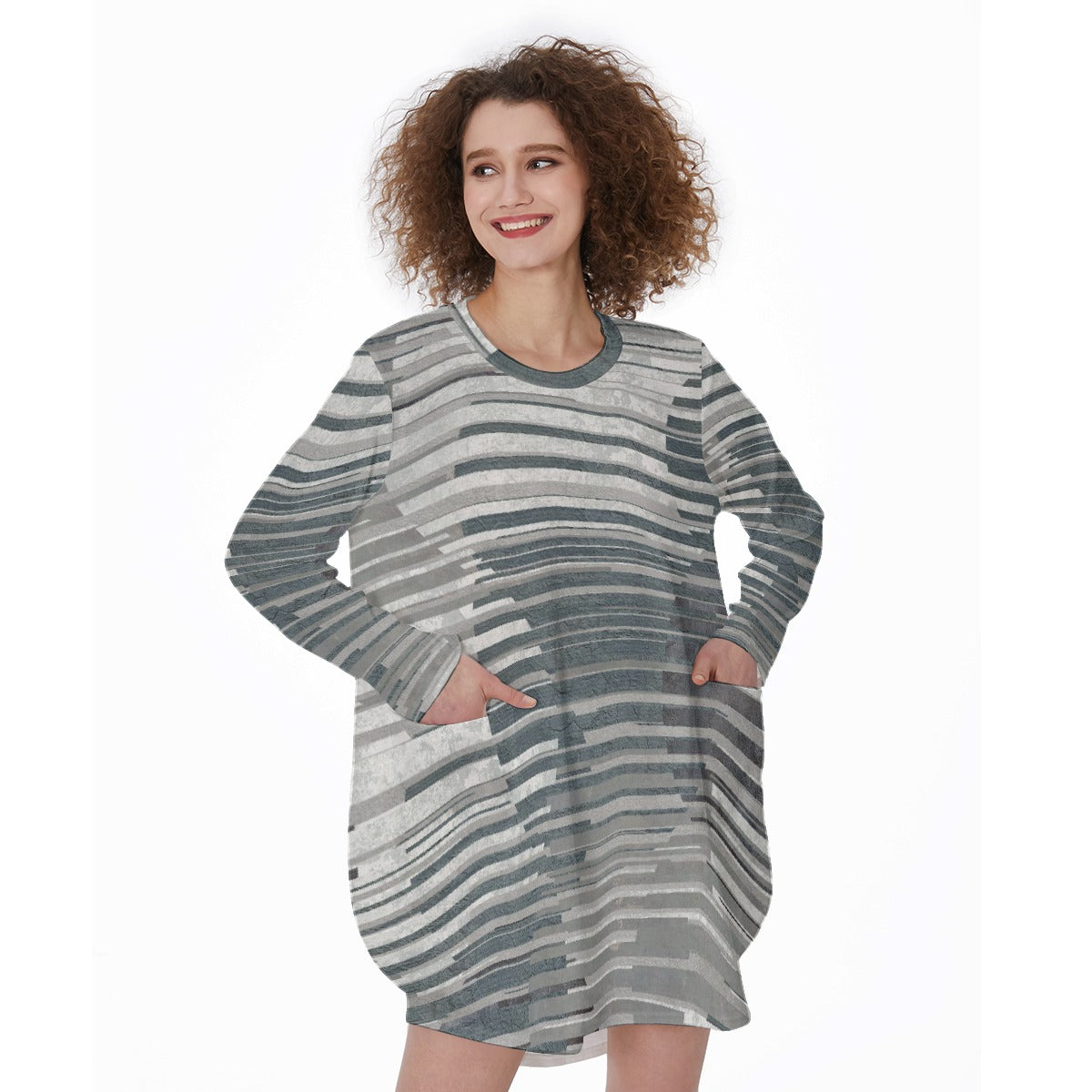 All-Over Print Women's Casual Loose Long Sleeve Dress With Pocket