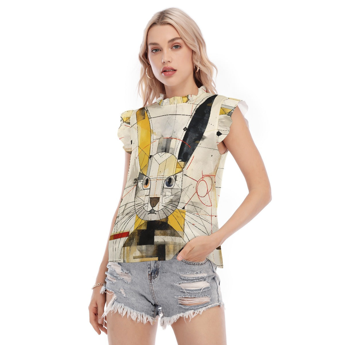 All-Over Print Women's Blouse With Ruffle Collar And Sleeve