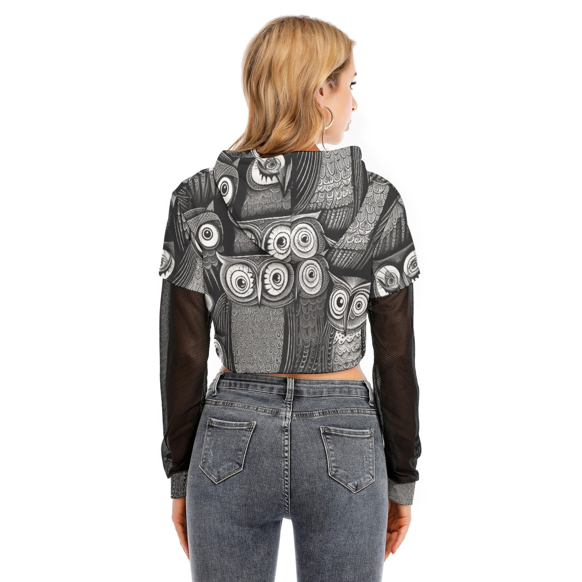 All-Over Print Women's Fake Two-piece Mesh Sleeve Cropped Hoodie