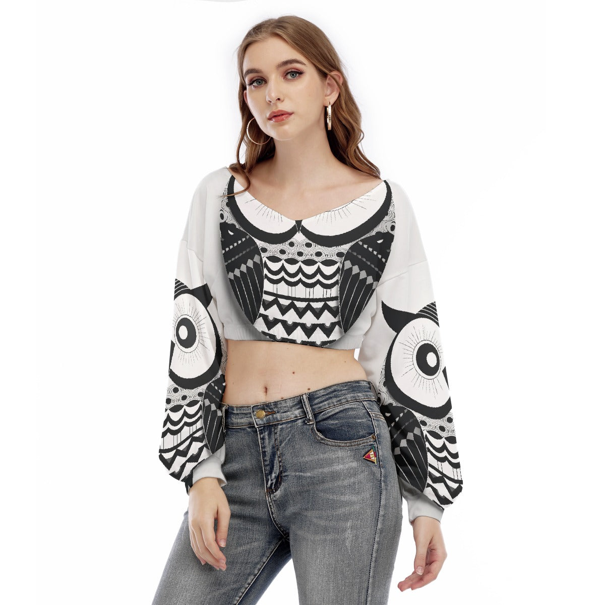 All-Over Print Women's V-neck Long Sleeve Cropped Sweatshirt