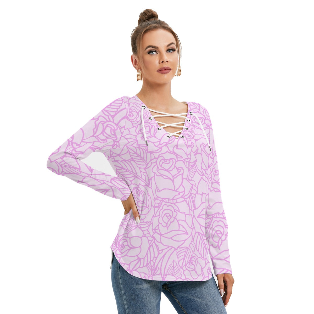 All-Over Print Women's Long Sleeve Neckline Tie Sweatshirt