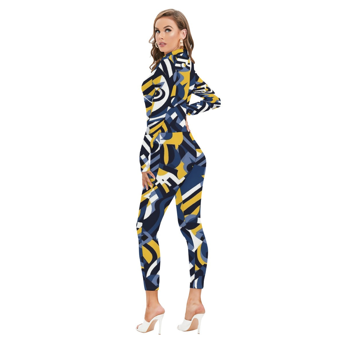 All-Over Print Women's Long-sleeved High-neck Jumpsuit With Zipper