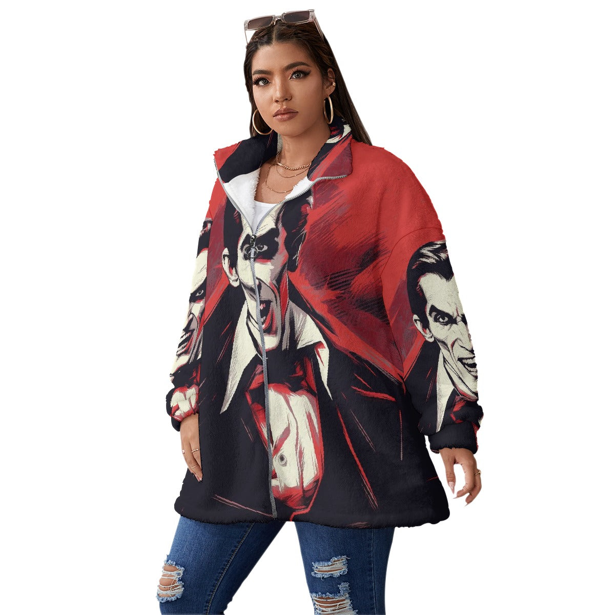 All-Over Print Unisex Borg Fleece Stand-up Collar Coat With Zipper Closure(Plus Size)