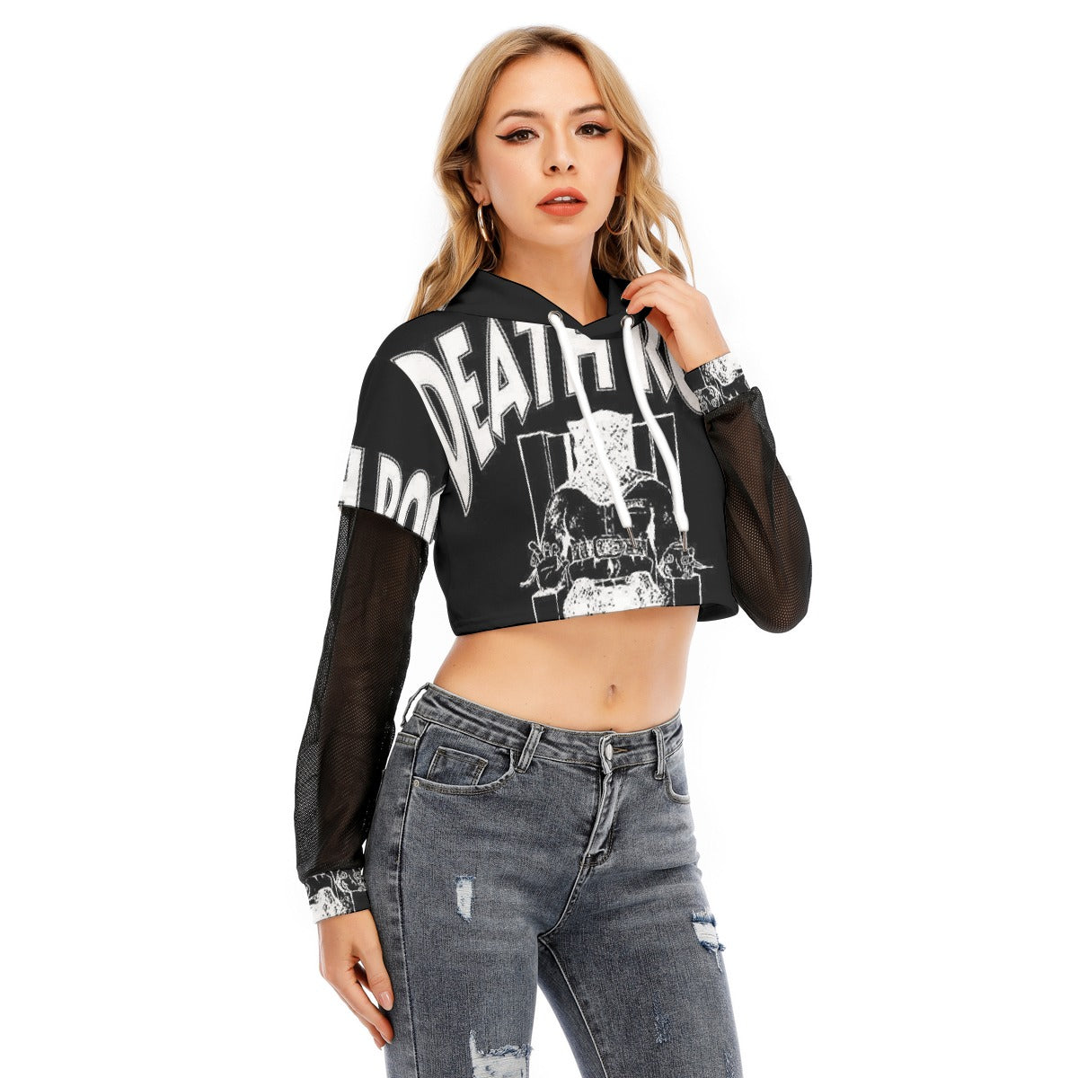All-Over Print Women's Fake Two-piece Mesh Sleeve Cropped Hoodie