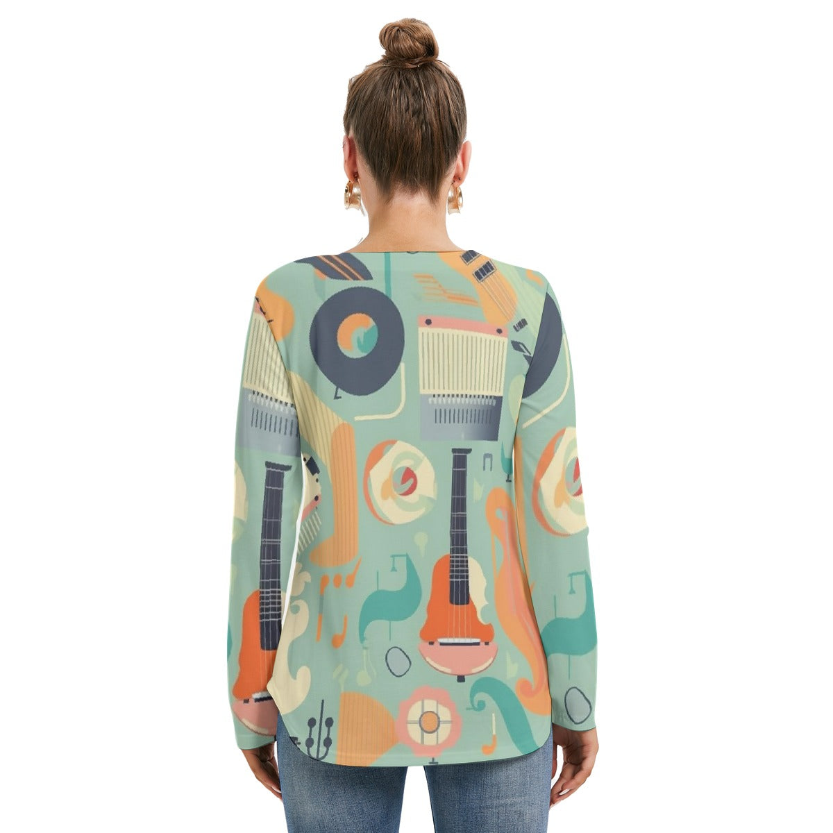 All-Over Print Women's Long Sleeve Neckline Tie Sweatshirt