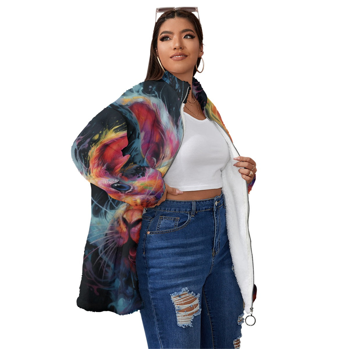 All-Over Print Unisex Borg Fleece Stand-up Collar Coat With Zipper Closure(Plus Size)