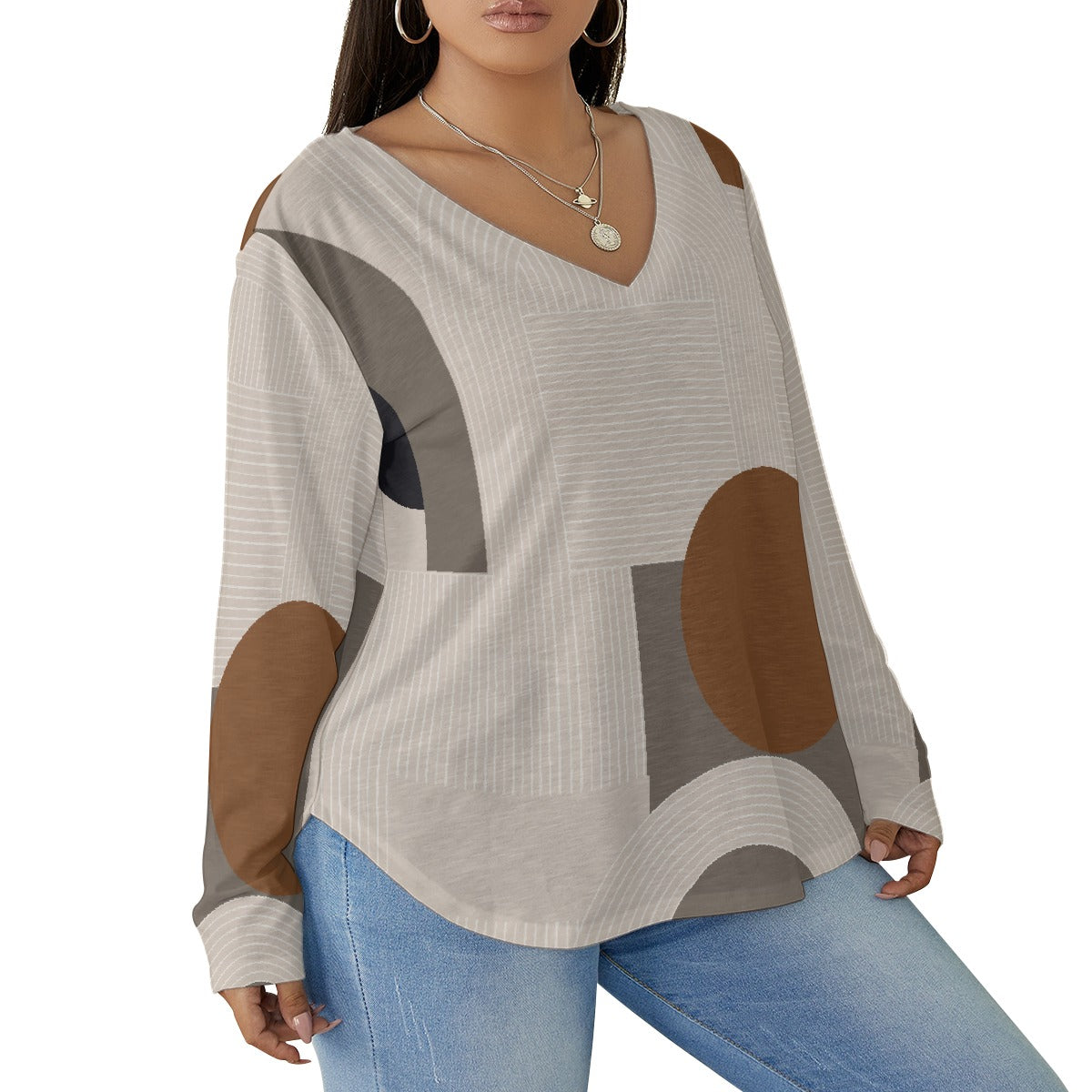All-Over Print Women's V-neck T-shirt With Curved Hem(Plus Size)