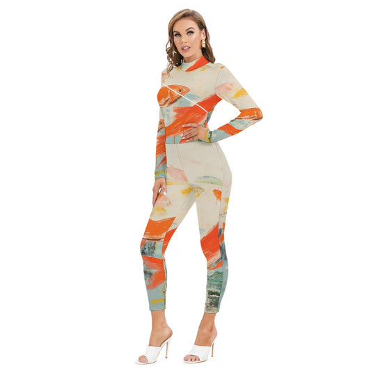 All-Over Print Women's Long-sleeved High-neck Jumpsuit With Zipper
