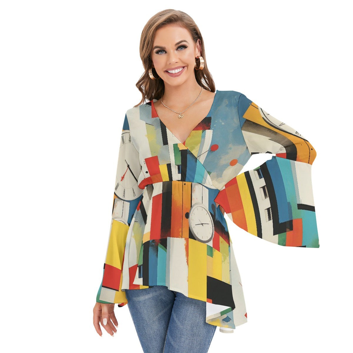 All-Over Print Women's V-neck Blouse With Flared Sleeves