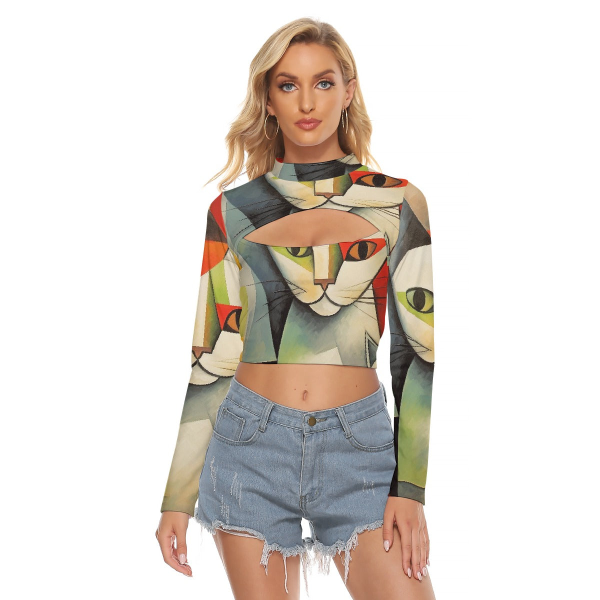 All-Over Print Women's Hollow Chest Keyhole Tight Crop Top
