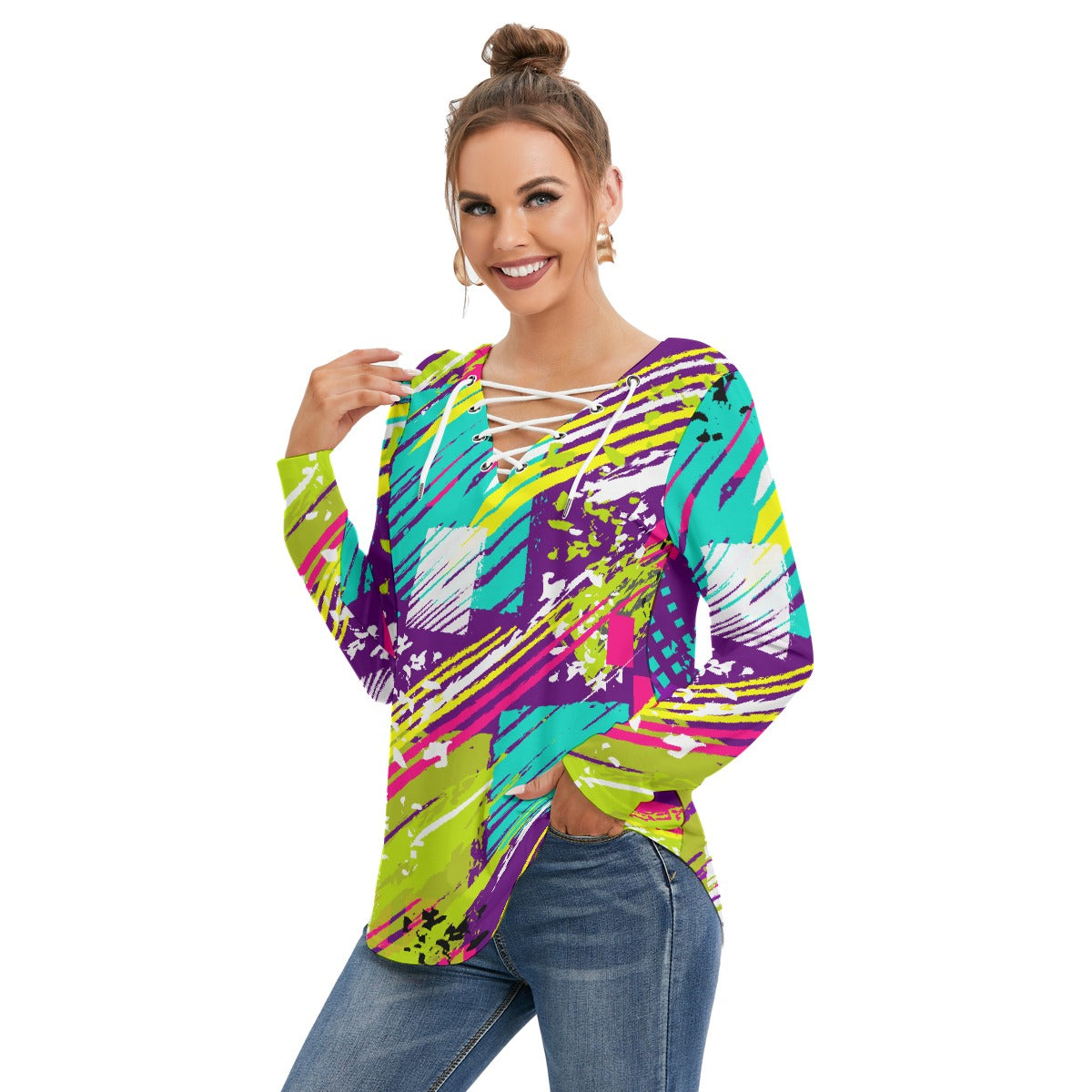 All-Over Print Women's Long Sleeve Neckline Tie Sweatshirt
