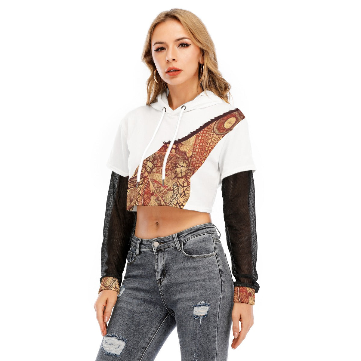 All-Over Print Women's Fake Two-piece Mesh Sleeve Cropped Hoodie