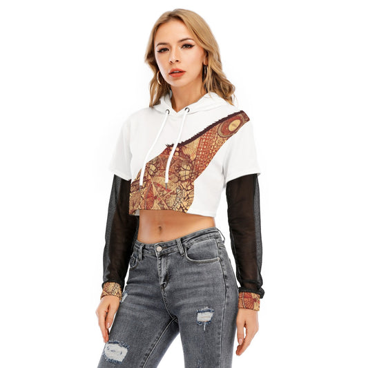 All-Over Print Women's Fake Two-piece Mesh Sleeve Cropped Hoodie