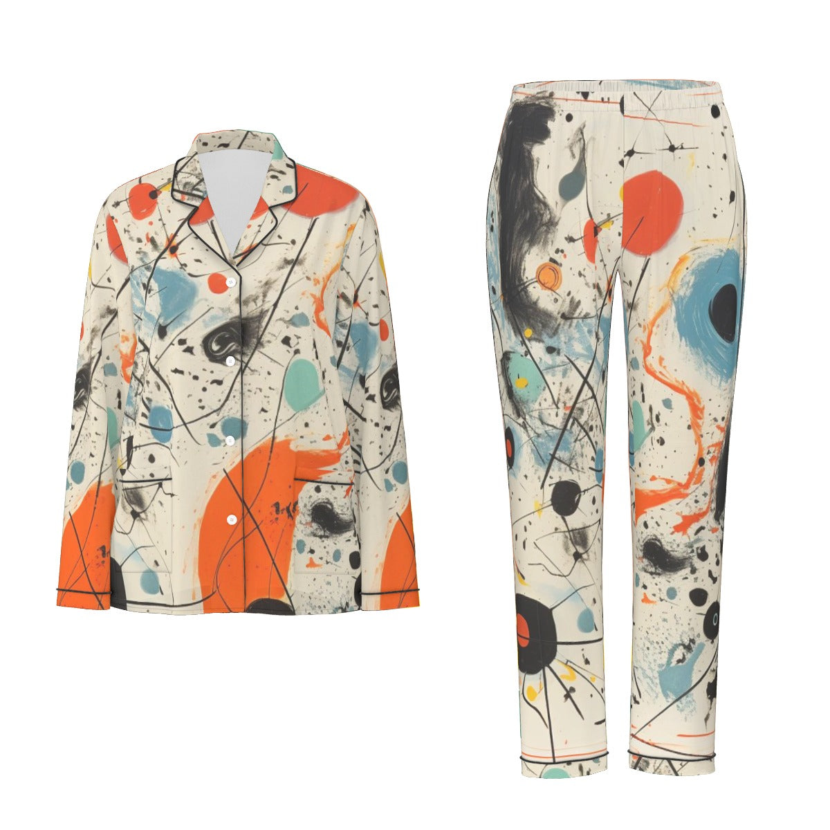 All-Over Print Women's Long Sleeve Pajama Set With Black Contrast Piping