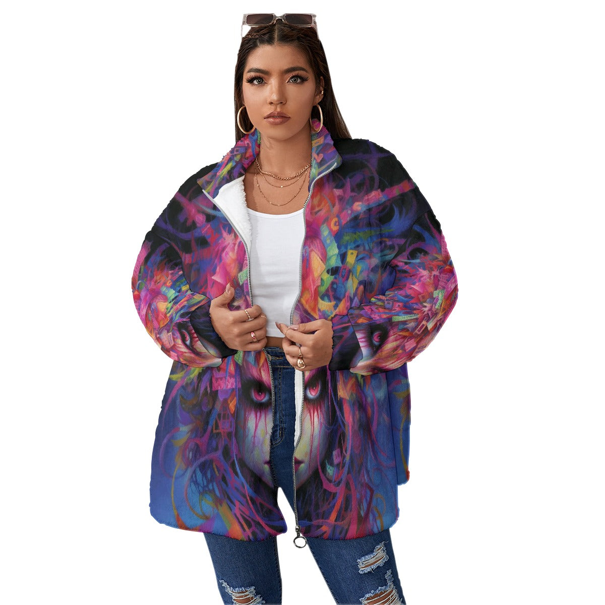 All-Over Print Unisex Borg Fleece Stand-up Collar Coat With Zipper Closure(Plus Size)