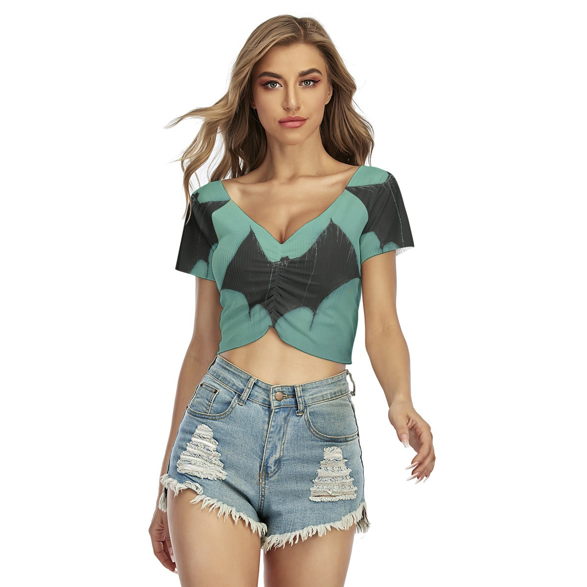 All-Over Print Women's Raglan Drawstring Front  Crop Tee
