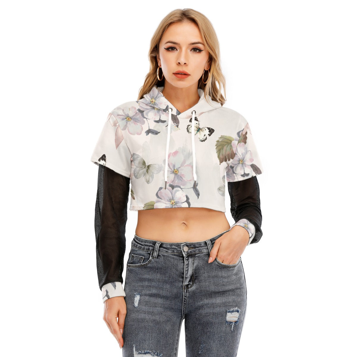 All-Over Print Women's Fake Two-piece Mesh Sleeve Cropped Hoodie