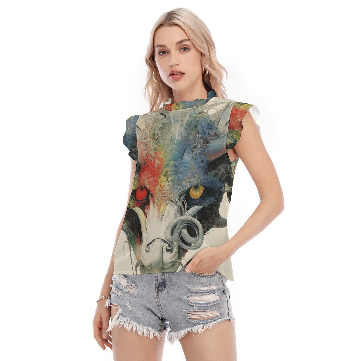 All-Over Print Women's Blouse With Ruffle Collar And Sleeve