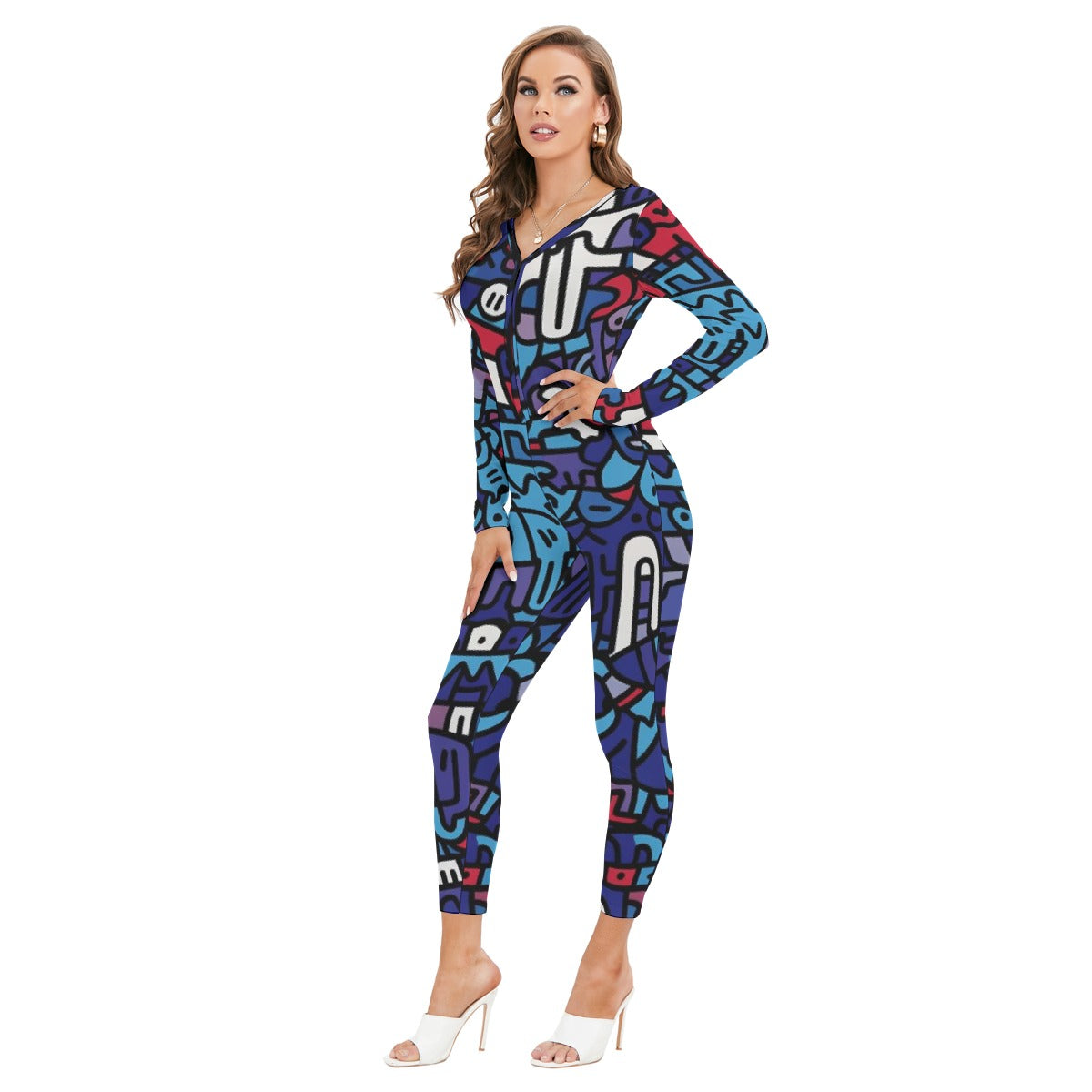 All-Over Print Women's Plunging Neck Jumpsuit
