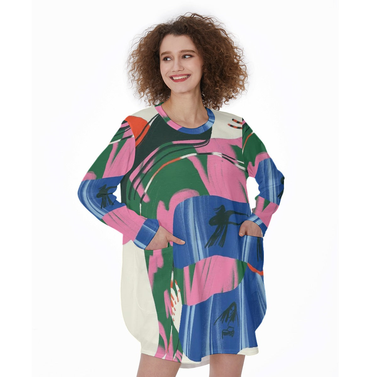 All-Over Print Women's Casual Loose Long Sleeve Dress With Pocket