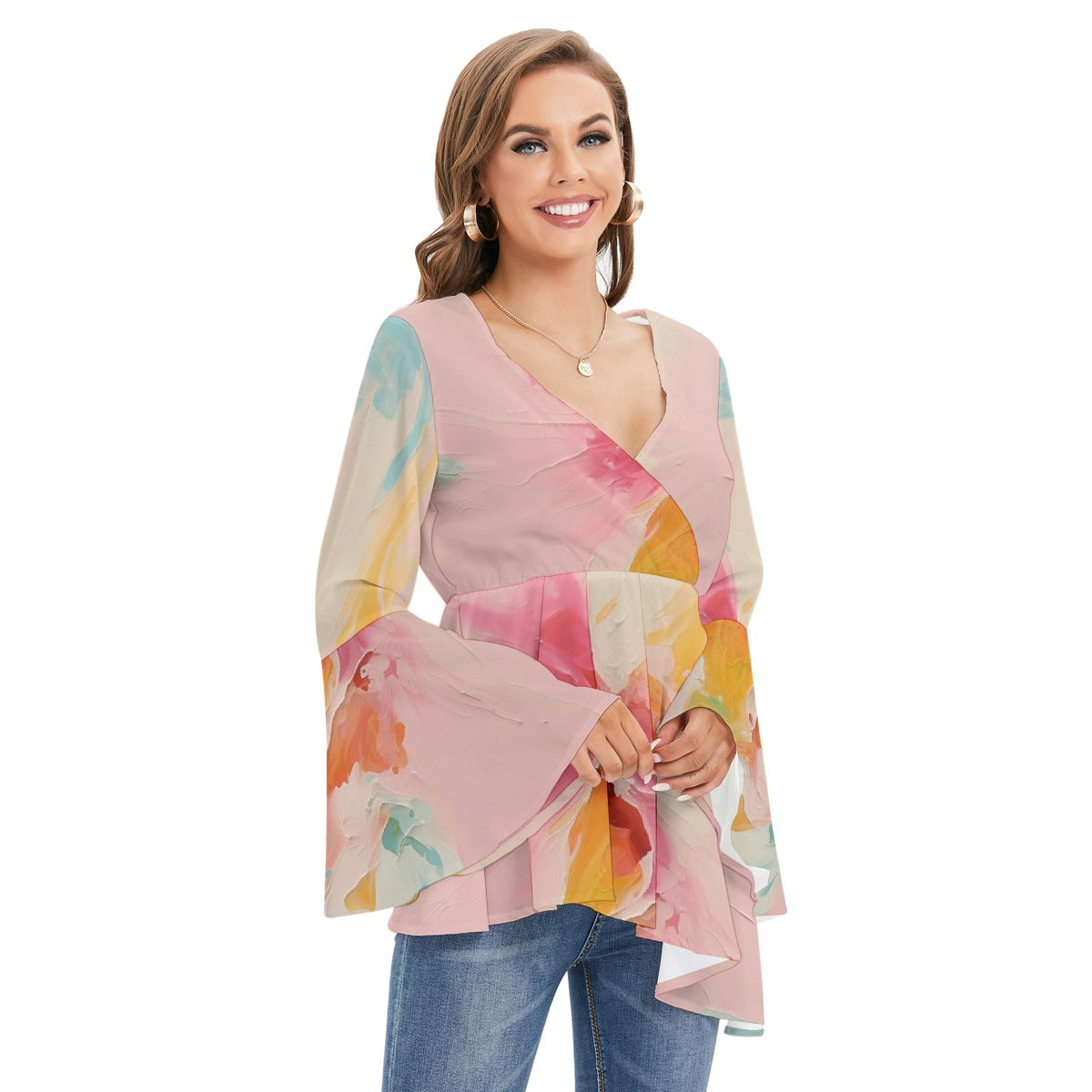 All-Over Print Women's V-neck Blouse With Flared Sleeves