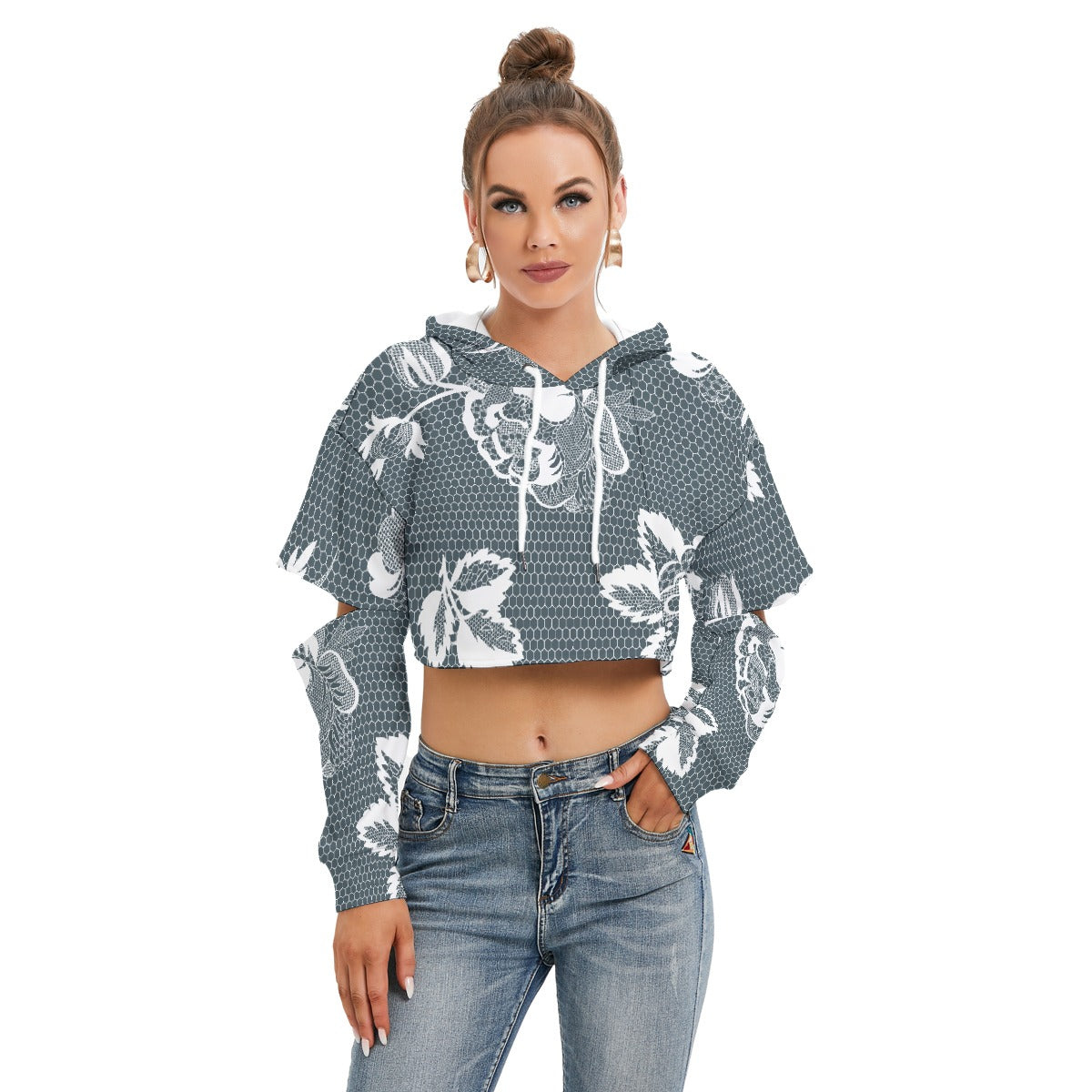 All-Over Print Women's Heavy Fleece Hoodie With Hollow Out Sleeve
