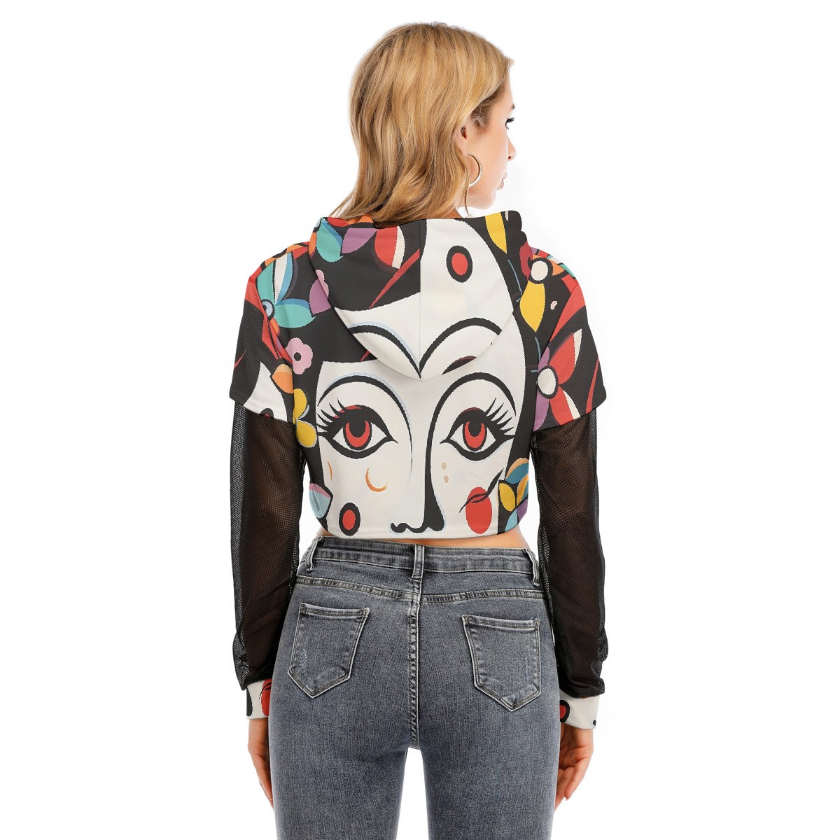 All-Over Print Women's Fake Two-piece Mesh Sleeve Cropped Hoodie