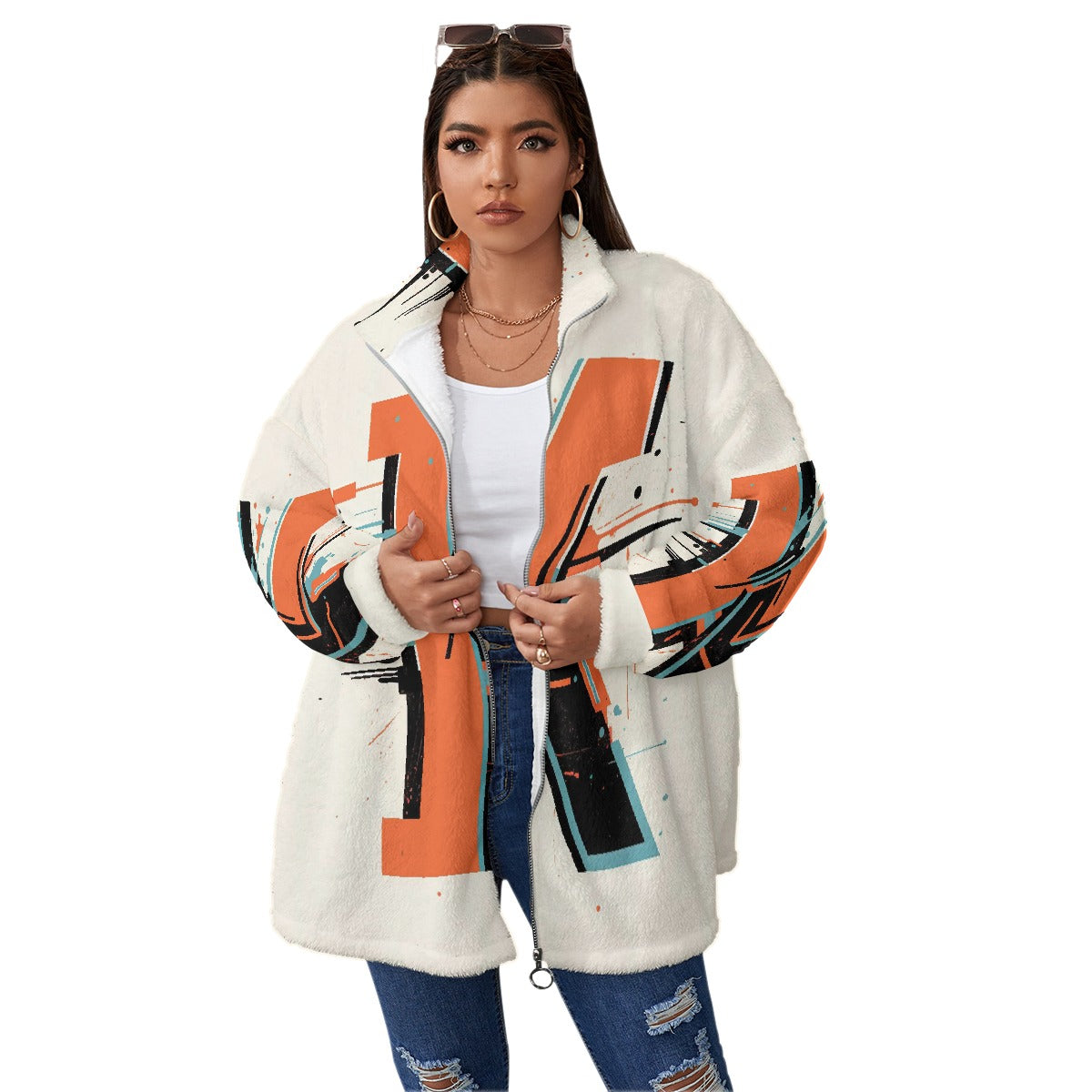 All-Over Print Unisex Borg Fleece Stand-up Collar Coat With Zipper Closure(Plus Size)